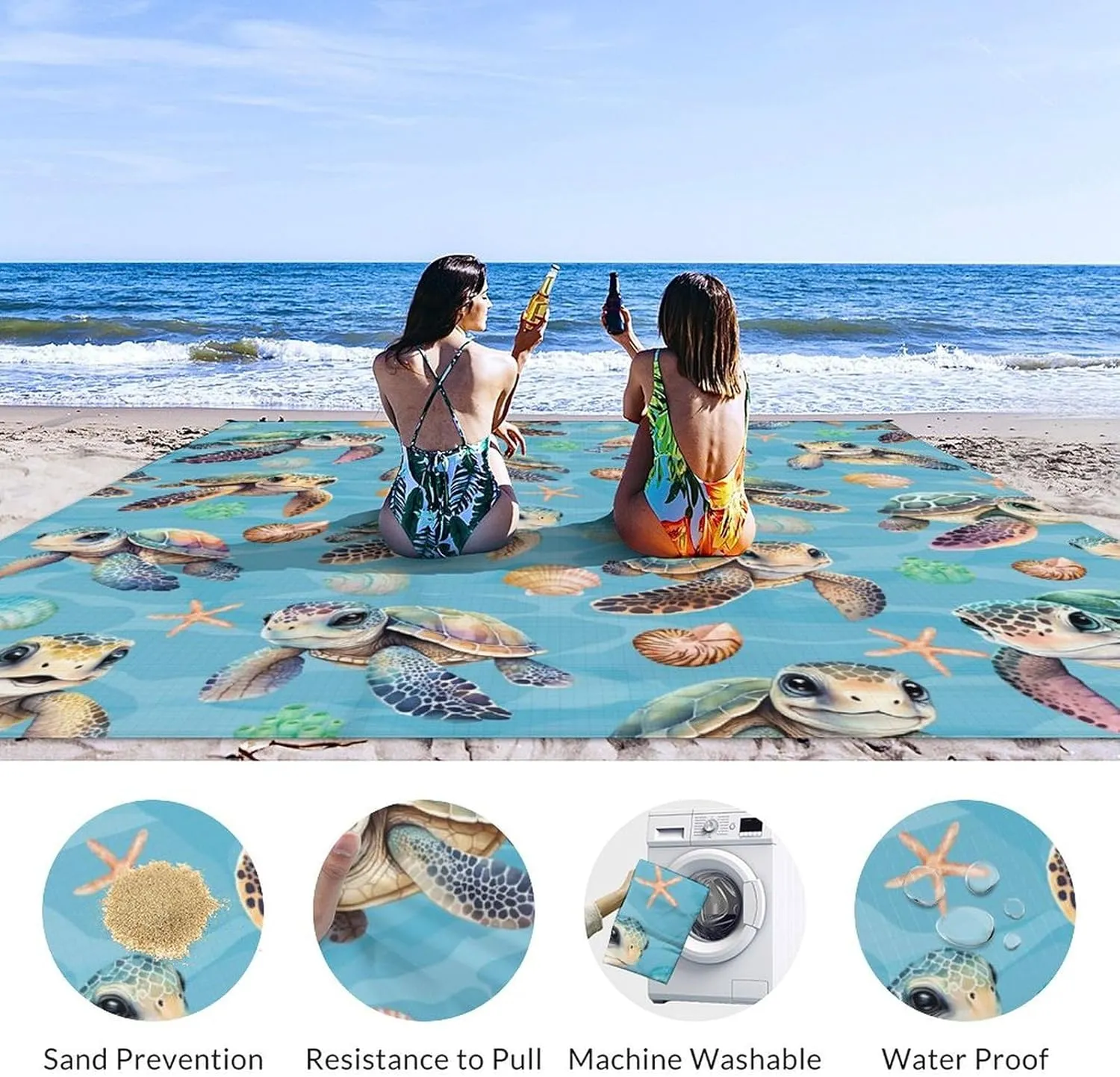 Picnic Blankets Waterproof Foldable - Turtle Beach Blanket Sandproof with Corner Pockets - 79”x87” Oversized Sand Free Mat with Portable Mesh Bag - Summer Beach Accessories for Travel & Camping
