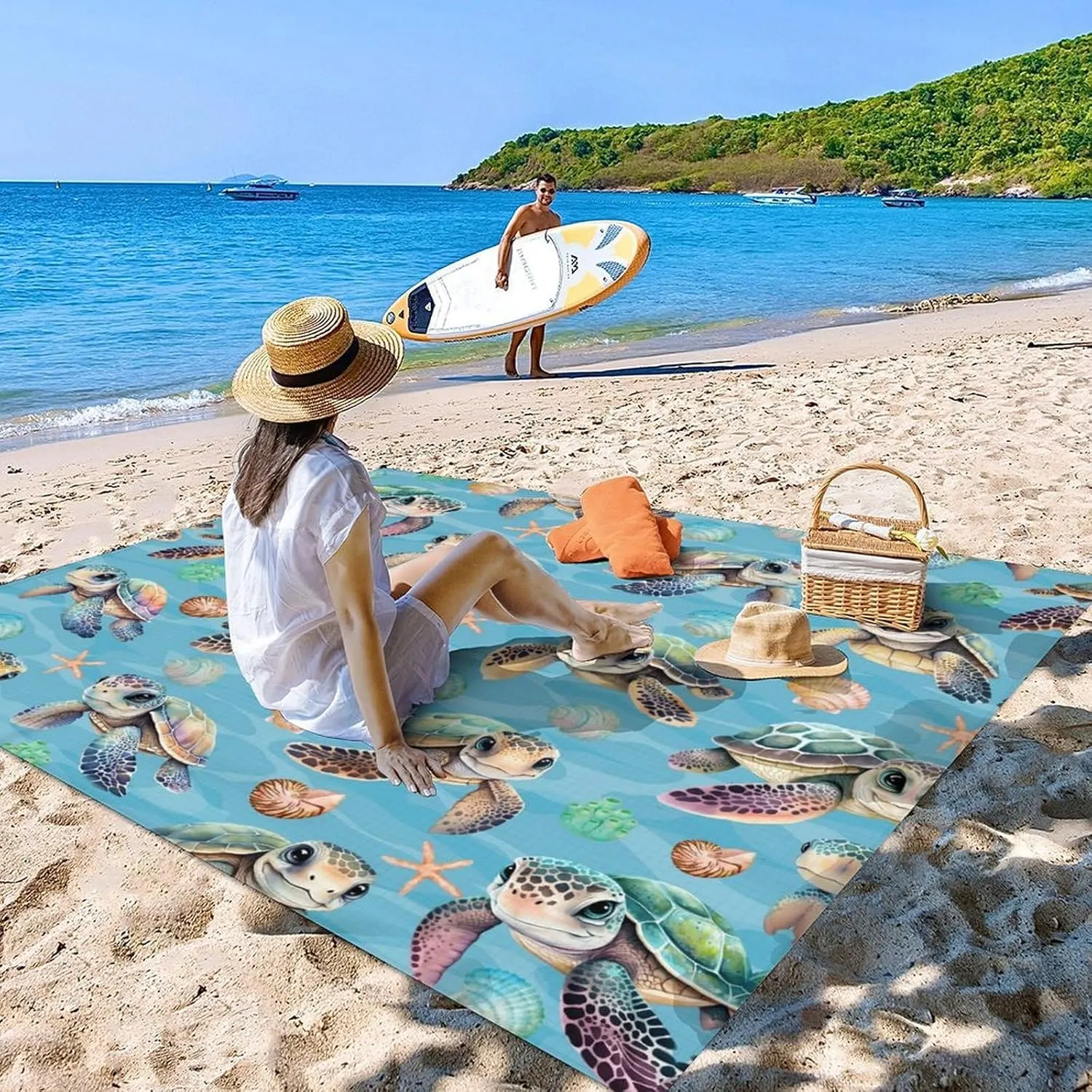 Picnic Blankets Waterproof Foldable - Turtle Beach Blanket Sandproof with Corner Pockets - 79”x87” Oversized Sand Free Mat with Portable Mesh Bag - Summer Beach Accessories for Travel & Camping