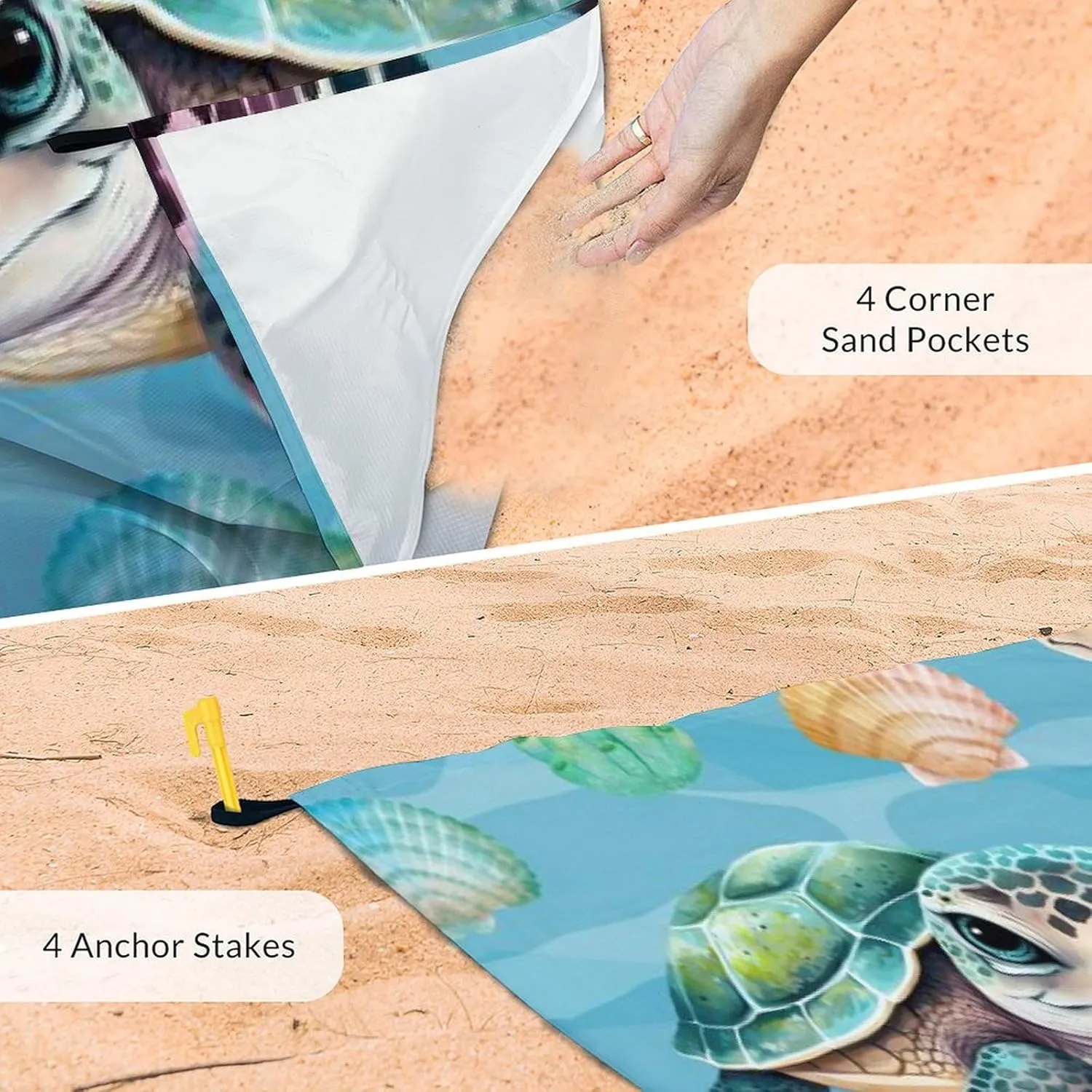 Picnic Blankets Waterproof Foldable - Turtle Beach Blanket Sandproof with Corner Pockets - 79”x87” Oversized Sand Free Mat with Portable Mesh Bag - Summer Beach Accessories for Travel & Camping
