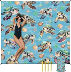 Picnic Blankets Waterproof Foldable - Turtle Beach Blanket Sandproof with Corner Pockets - 79”x87” Oversized Sand Free Mat with Portable Mesh Bag - Summer Beach Accessories for Travel & Camping