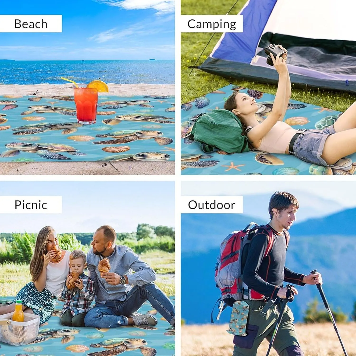 Picnic Blankets Waterproof Foldable - Turtle Beach Blanket Sandproof with Corner Pockets - 79”x87” Oversized Sand Free Mat with Portable Mesh Bag - Summer Beach Accessories for Travel & Camping