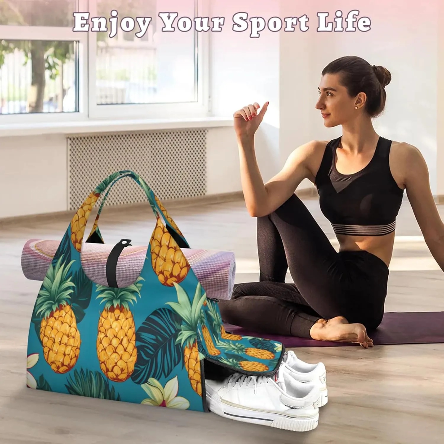 Pineapple Paradise Waterproof Gym Bag for Men Women, Sports Duffel Bag with Shoe Compartment Yoga Mat Holder, Portable Large Travel Bag for Fitness, Camping, Weekend Trips