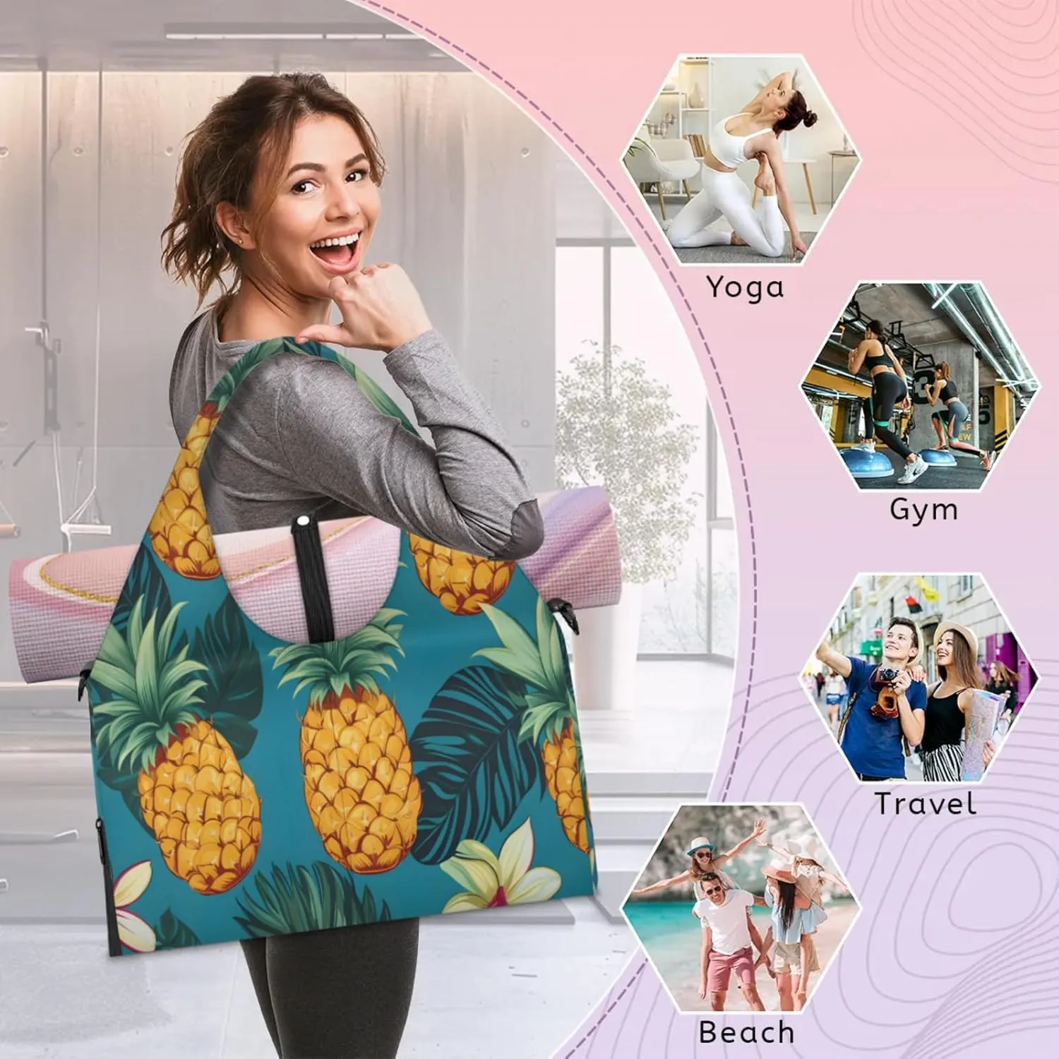 Pineapple Paradise Waterproof Gym Bag for Men Women, Sports Duffel Bag with Shoe Compartment Yoga Mat Holder, Portable Large Travel Bag for Fitness, Camping, Weekend Trips