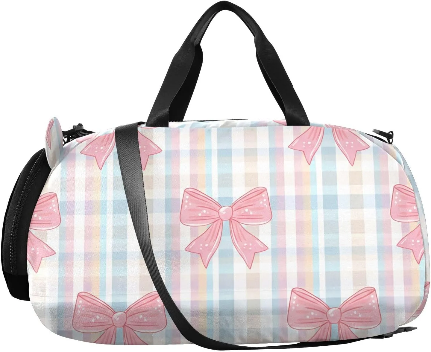 Pink Bows Plaid Kids Overnight Duffle Bag,Gymnastics Sports Dance Bag with Shoe Compartment & Wet Pocket, Travel Weekender Tote for Boys & Girls