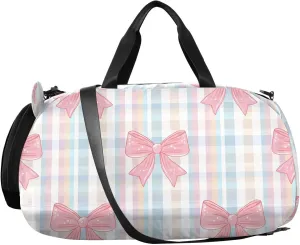 Pink Bows Plaid Kids Overnight Duffle Bag,Gymnastics Sports Dance Bag with Shoe Compartment & Wet Pocket, Travel Weekender Tote for Boys & Girls