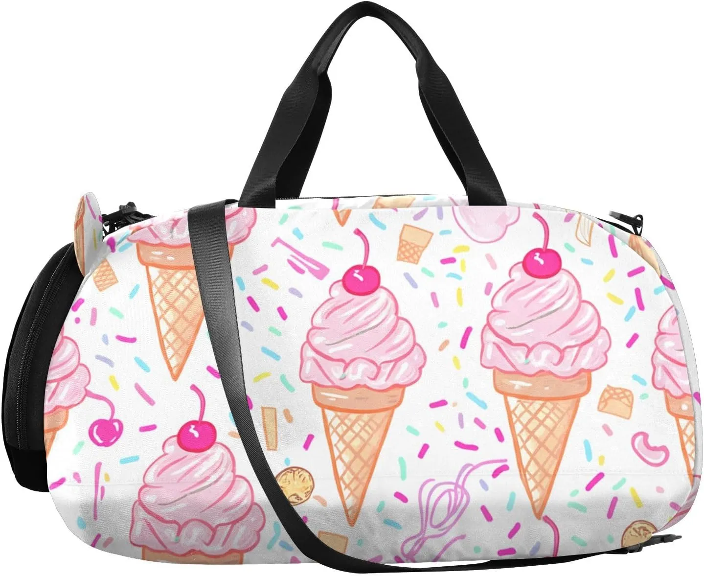 Pink Cherry Cones Kids Overnight Duffle Bag,Gymnastics Sports Dance Bag with Shoe Compartment & Wet Pocket, Travel Weekender Tote for Boys & Girls