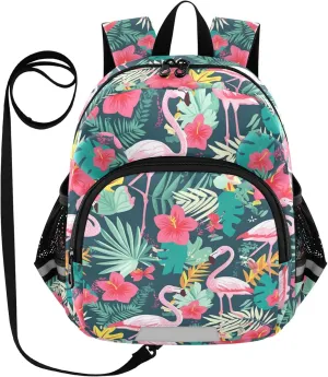 Pink Flamingos Preschool Backpack Flower Daycare Bookbag School Backpack with Traction Rope for Kids 3-6