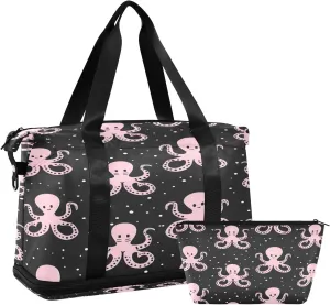 Pink Octopus in Black Dot Travel Duffel Bag Waterproof Gym Sport Tote Bag Carry On Weekender Bag with Compartment