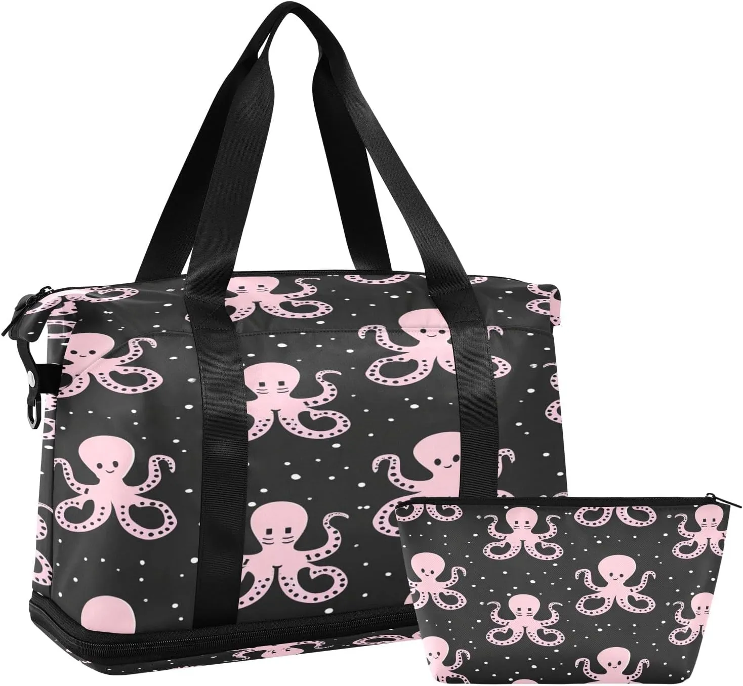 Pink Octopus in Black Dot Travel Duffel Bag Waterproof Gym Sport Tote Bag Carry On Weekender Bag with Compartment
