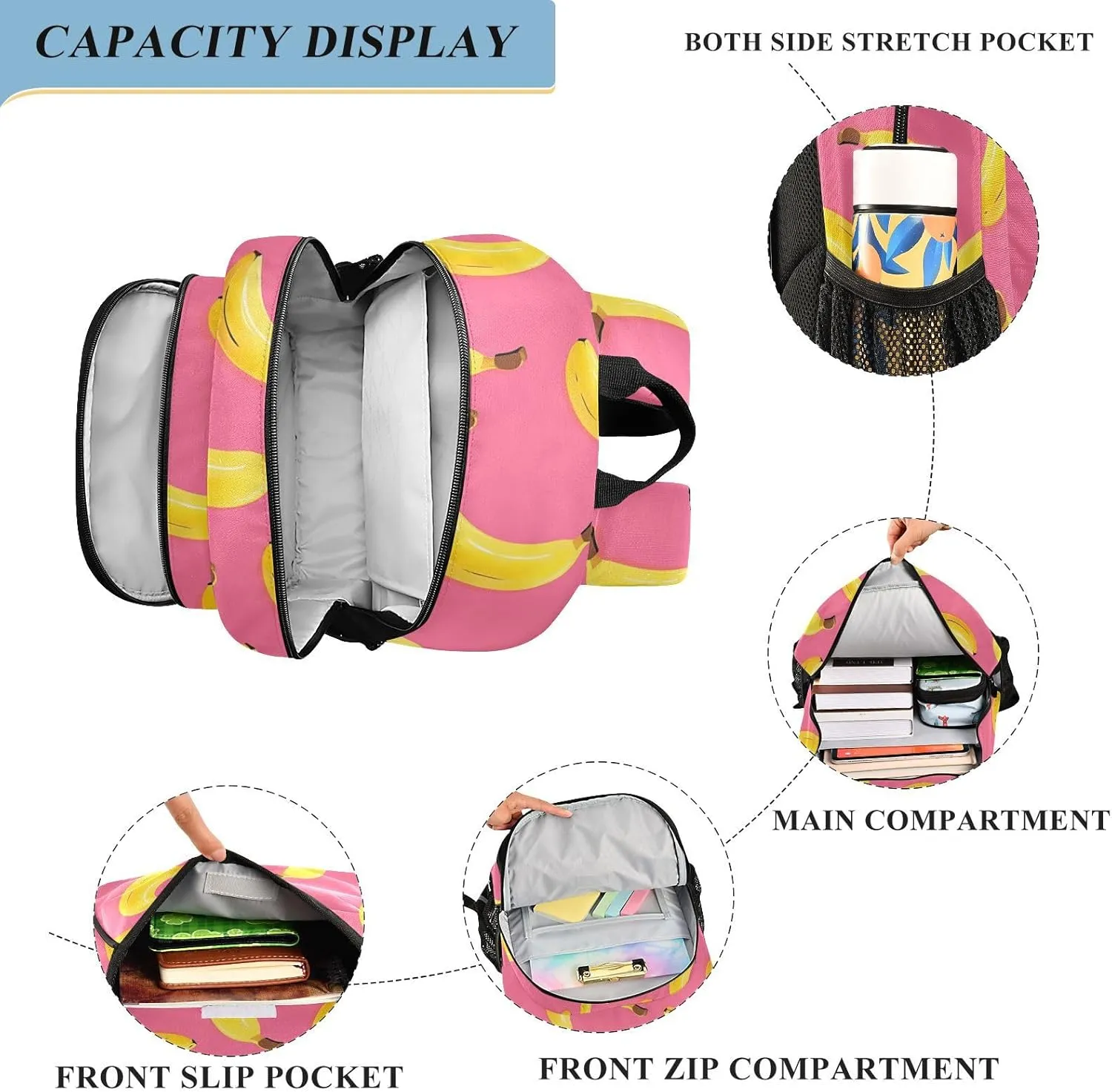 Pink Yellow Banana Kids Backpack Large Capacity Bookbag with Reflective Schoolbag for Girls and Boys 20857198