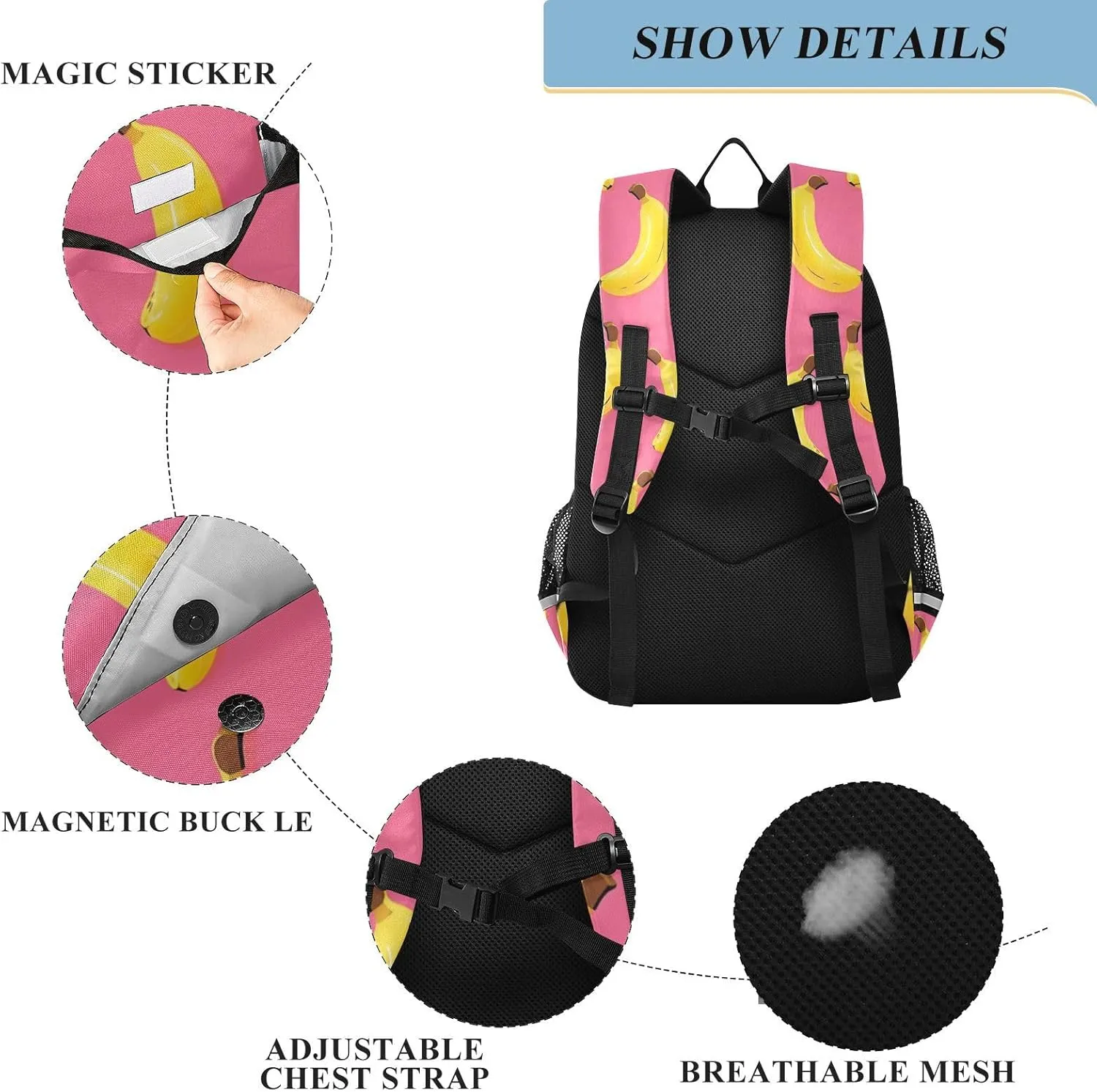 Pink Yellow Banana Kids Backpack Large Capacity Bookbag with Reflective Schoolbag for Girls and Boys 20857198