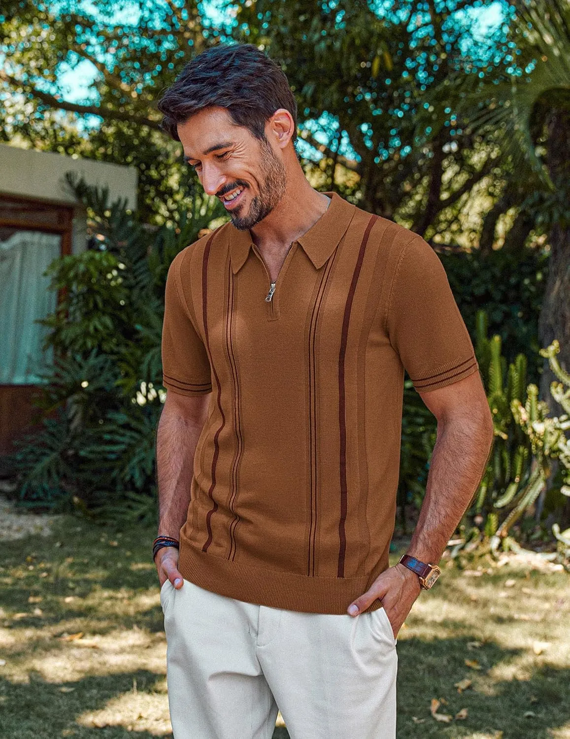 PJ PAUL JONES Mens Polo Shirts Quarter Zip Knit Shirt Vintage Short Sleeve Summer Shirt