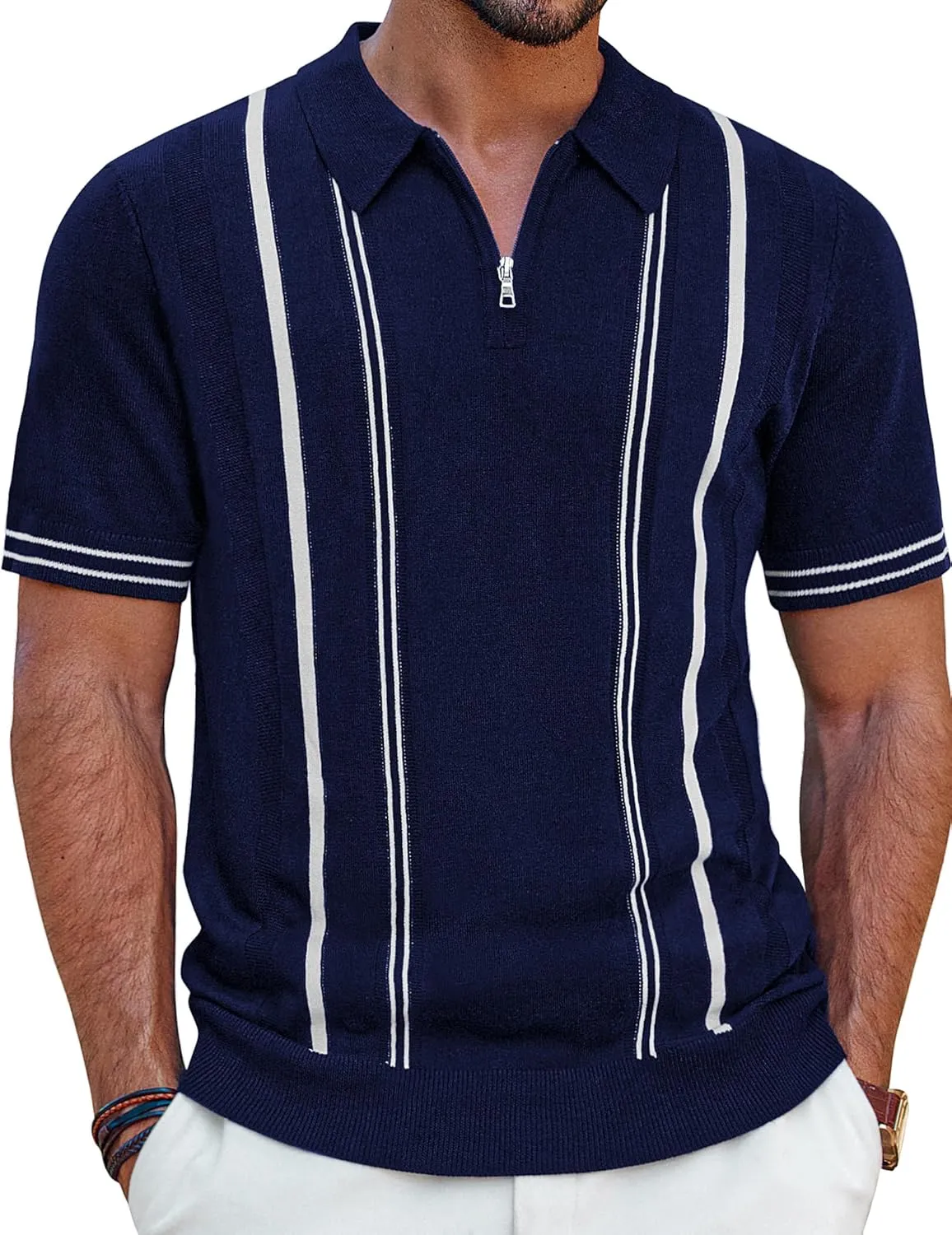 PJ PAUL JONES Mens Polo Shirts Quarter Zip Knit Shirt Vintage Short Sleeve Summer Shirt