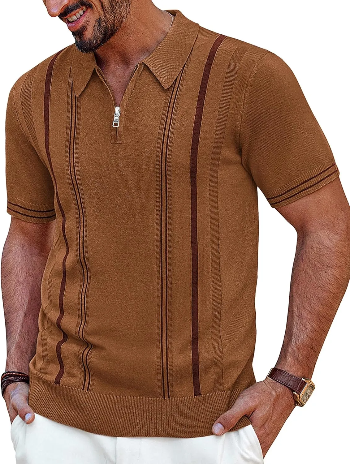 PJ PAUL JONES Mens Polo Shirts Quarter Zip Knit Shirt Vintage Short Sleeve Summer Shirt