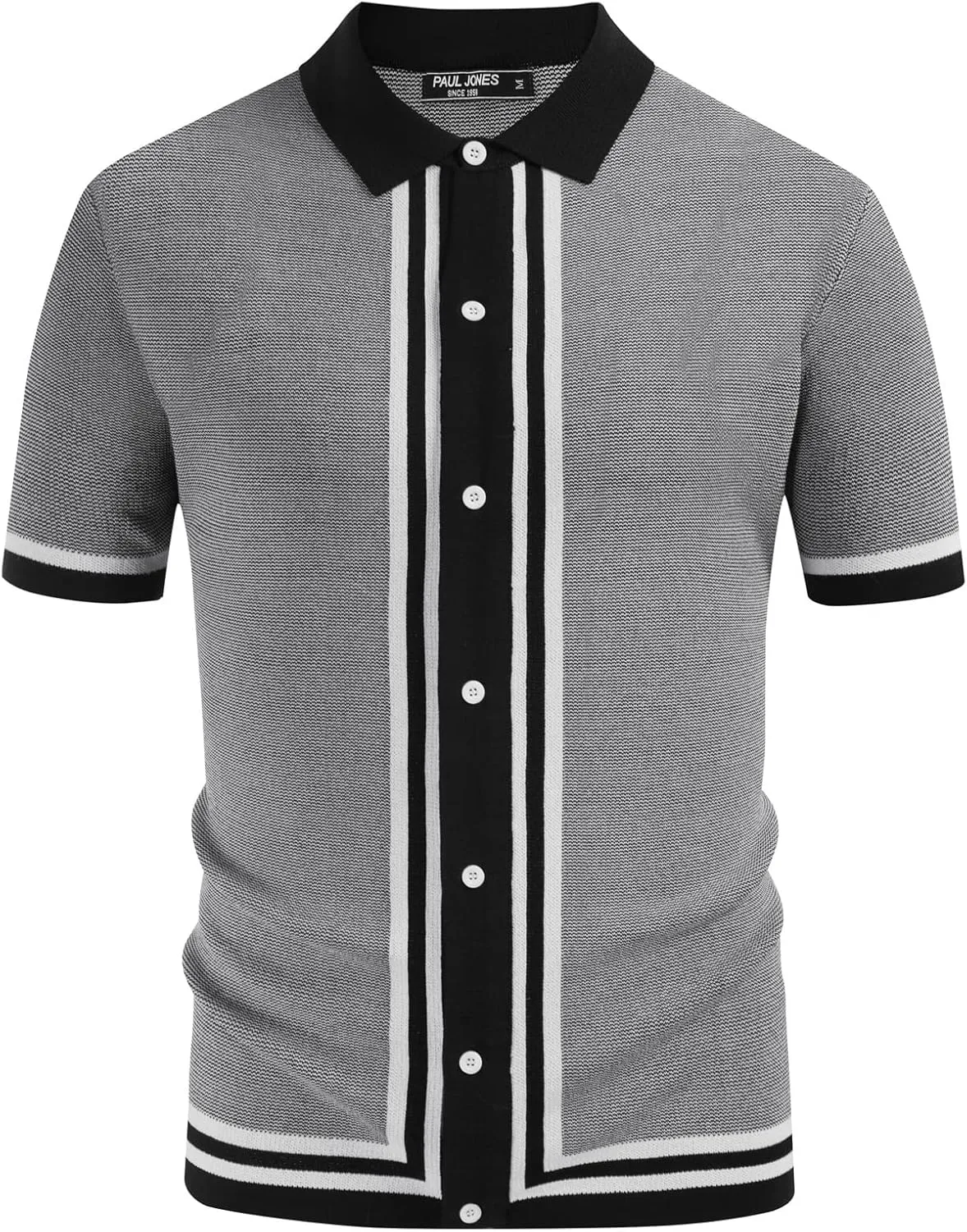 PJ PAUL JONES Men's Vintage Stripe Knit Polo Shirts Short Sleeve Stylish Button Down Cardigan Sweater