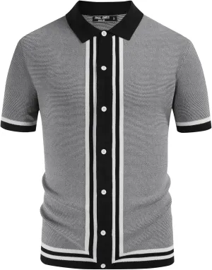 PJ PAUL JONES Men's Vintage Stripe Knit Polo Shirts Short Sleeve Stylish Button Down Cardigan Sweater