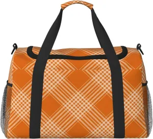 Plaid Orange Travel Duffel Bag Large Foldable Waterproof Overnight Bag For Beach Swim Bags Pool Sports Gym