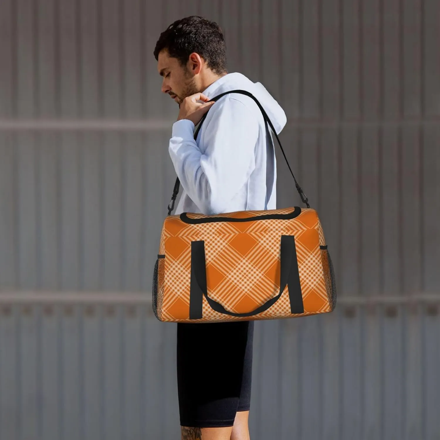 Plaid Orange Travel Duffel Bag Large Foldable Waterproof Overnight Bag For Beach Swim Bags Pool Sports Gym