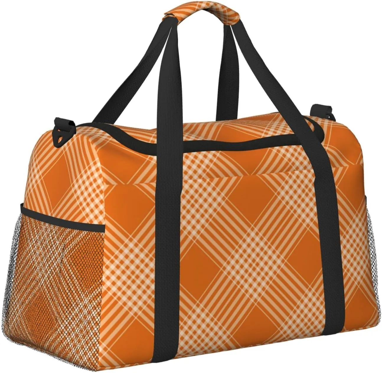 Plaid Orange Travel Duffel Bag Large Foldable Waterproof Overnight Bag For Beach Swim Bags Pool Sports Gym