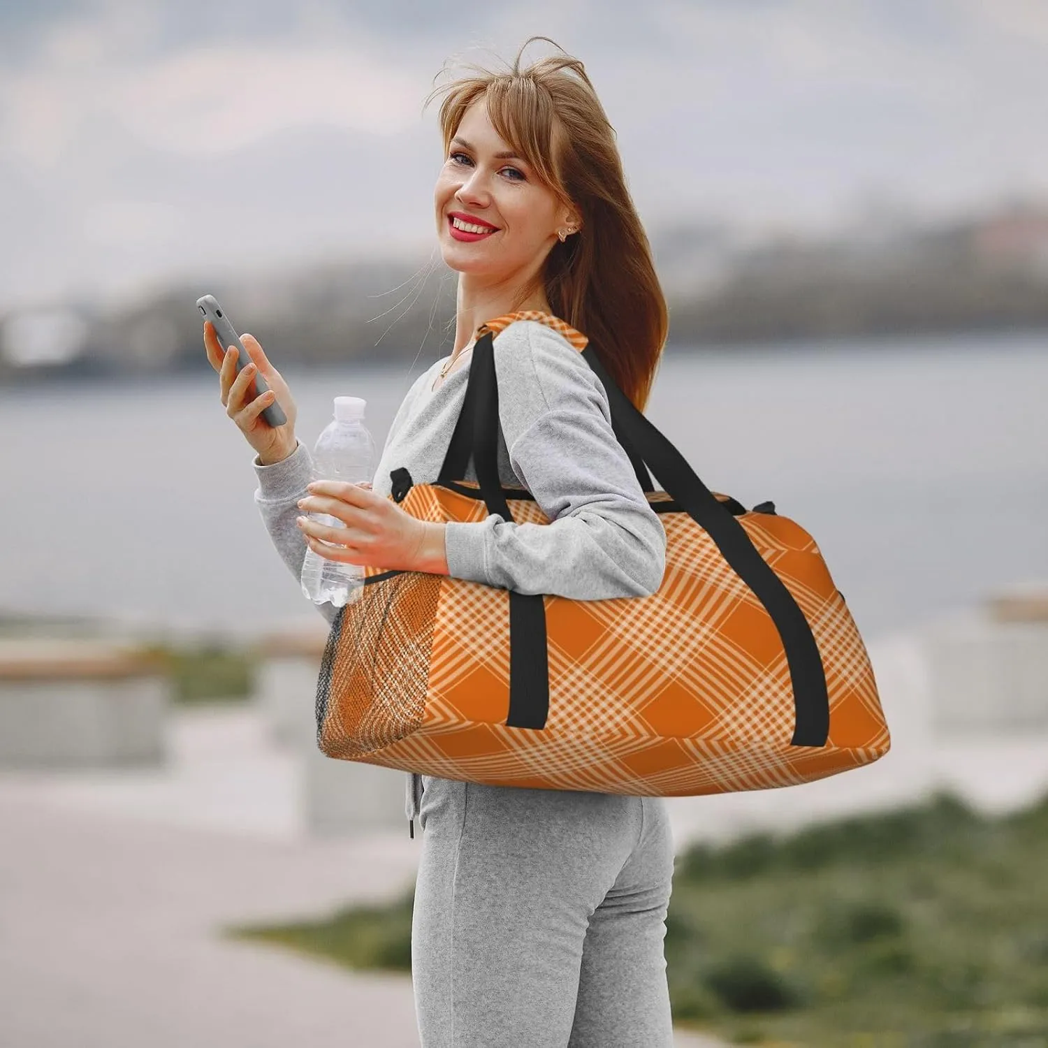 Plaid Orange Travel Duffel Bag Large Foldable Waterproof Overnight Bag For Beach Swim Bags Pool Sports Gym
