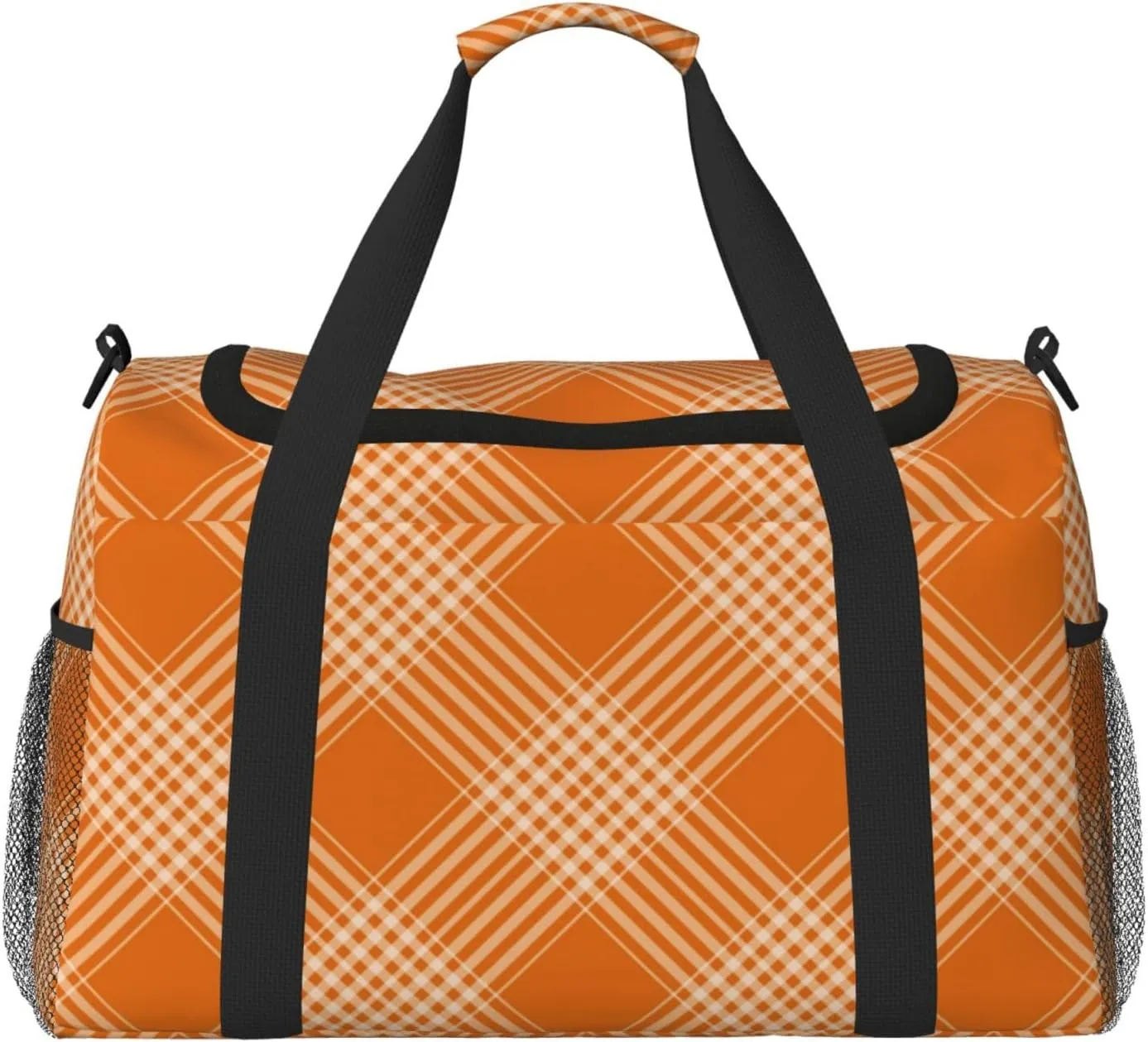 Plaid Orange Travel Duffel Bag Large Foldable Waterproof Overnight Bag For Beach Swim Bags Pool Sports Gym