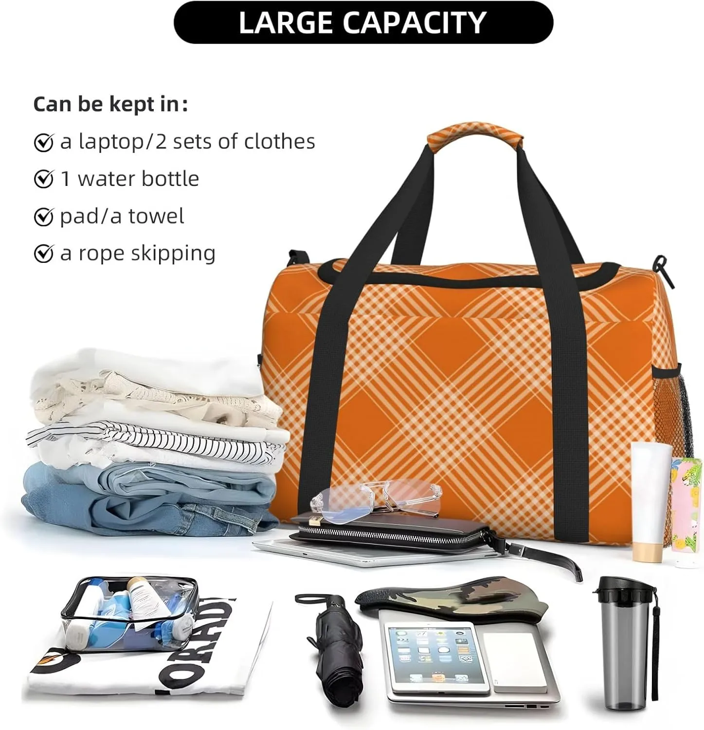 Plaid Orange Travel Duffel Bag Large Foldable Waterproof Overnight Bag For Beach Swim Bags Pool Sports Gym