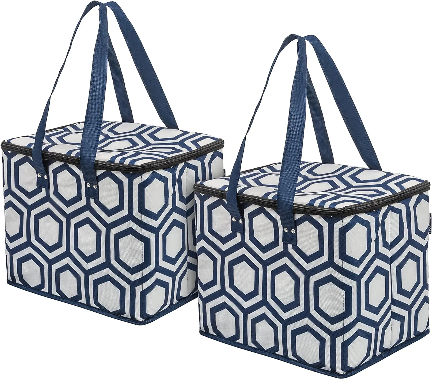 PLANET E Reusable Grocery Picnic Shopping Bags - Heavy Duty Colorful Collapsible Insulated Zip Coolers (Pack of 2)