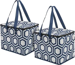 PLANET E Reusable Grocery Picnic Shopping Bags - Heavy Duty Colorful Collapsible Insulated Zip Coolers (Pack of 2)