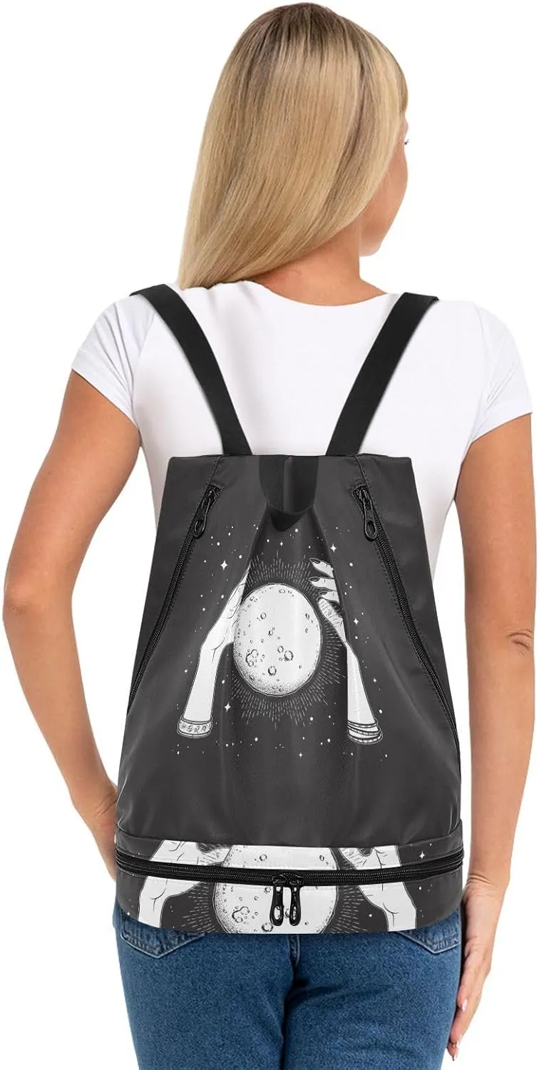 Poeticcity Gym Swimming Drawstring Bags Daypacks Backpack Purse Casual Knapsack Shoulder Bag Sitting Rucksack Black White Full Moon with Rays in the Hands of Fortune Teller