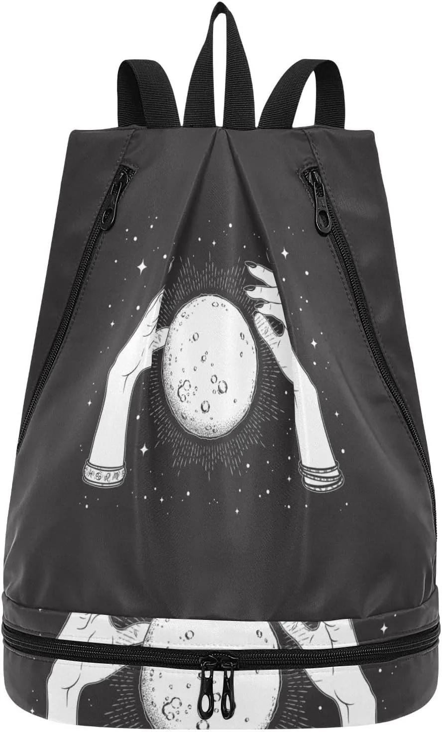 Poeticcity Gym Swimming Drawstring Bags Daypacks Backpack Purse Casual Knapsack Shoulder Bag Sitting Rucksack Black White Full Moon with Rays in the Hands of Fortune Teller