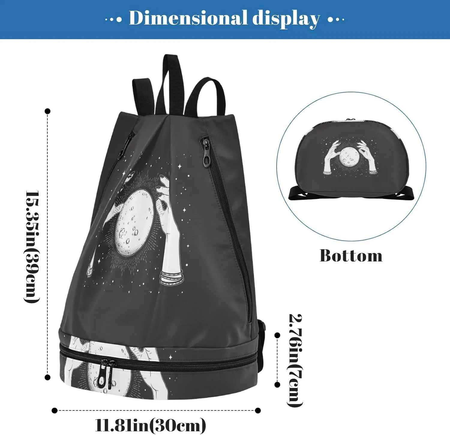 Poeticcity Gym Swimming Drawstring Bags Daypacks Backpack Purse Casual Knapsack Shoulder Bag Sitting Rucksack Black White Full Moon with Rays in the Hands of Fortune Teller