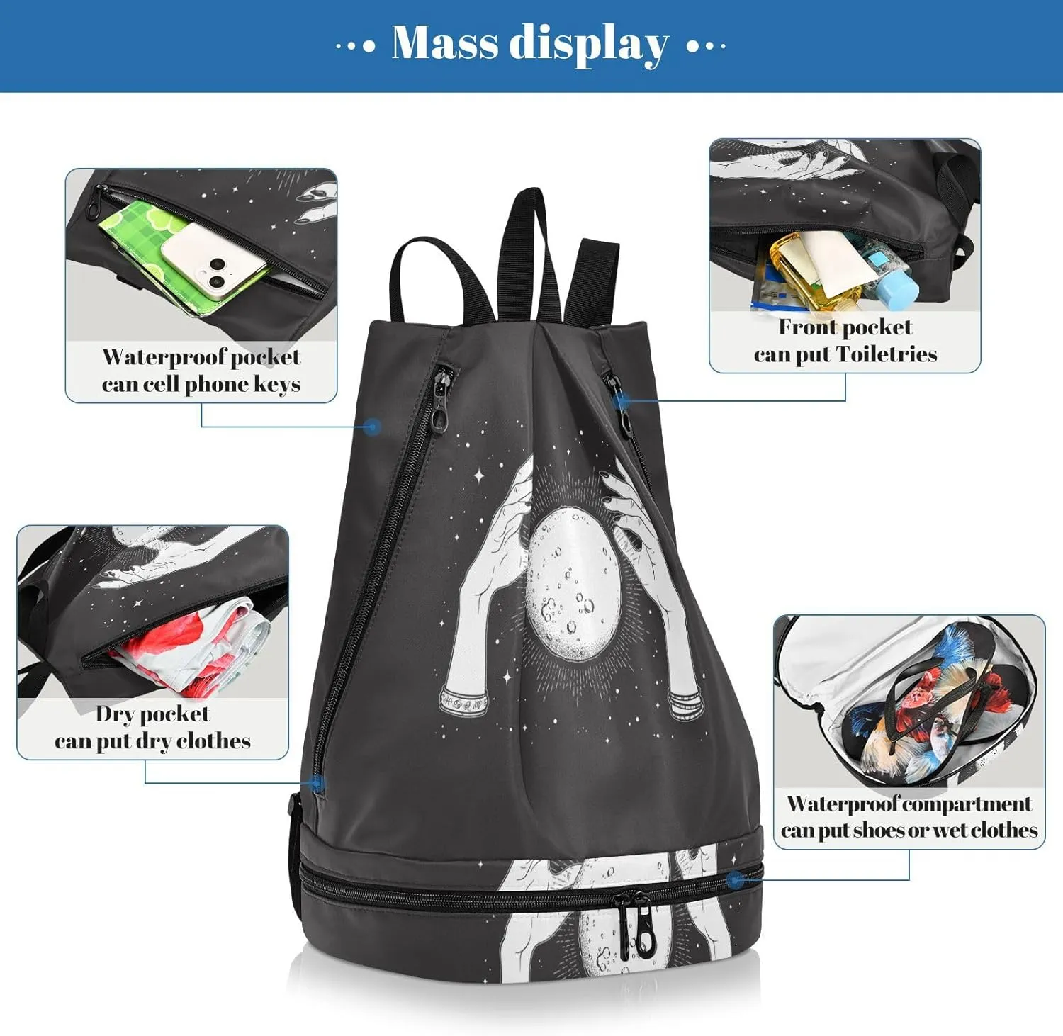 Poeticcity Gym Swimming Drawstring Bags Daypacks Backpack Purse Casual Knapsack Shoulder Bag Sitting Rucksack Black White Full Moon with Rays in the Hands of Fortune Teller
