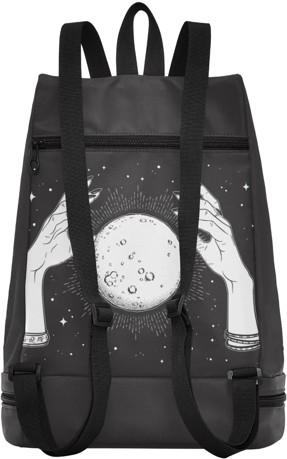Poeticcity Gym Swimming Drawstring Bags Daypacks Backpack Purse Casual Knapsack Shoulder Bag Sitting Rucksack Black White Full Moon with Rays in the Hands of Fortune Teller