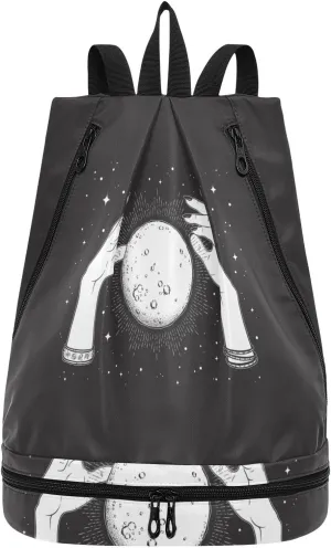 Poeticcity Gym Swimming Drawstring Bags Daypacks Backpack Purse Casual Knapsack Shoulder Bag Sitting Rucksack Black White Full Moon with Rays in the Hands of Fortune Teller
