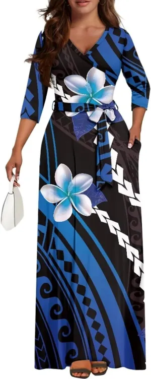 Polynesia Puletasi Samoa Puletasi Casual Maxi Dress Tonga Samoa Tribal Tatau Long Sleeve Elegant Belts Dresses