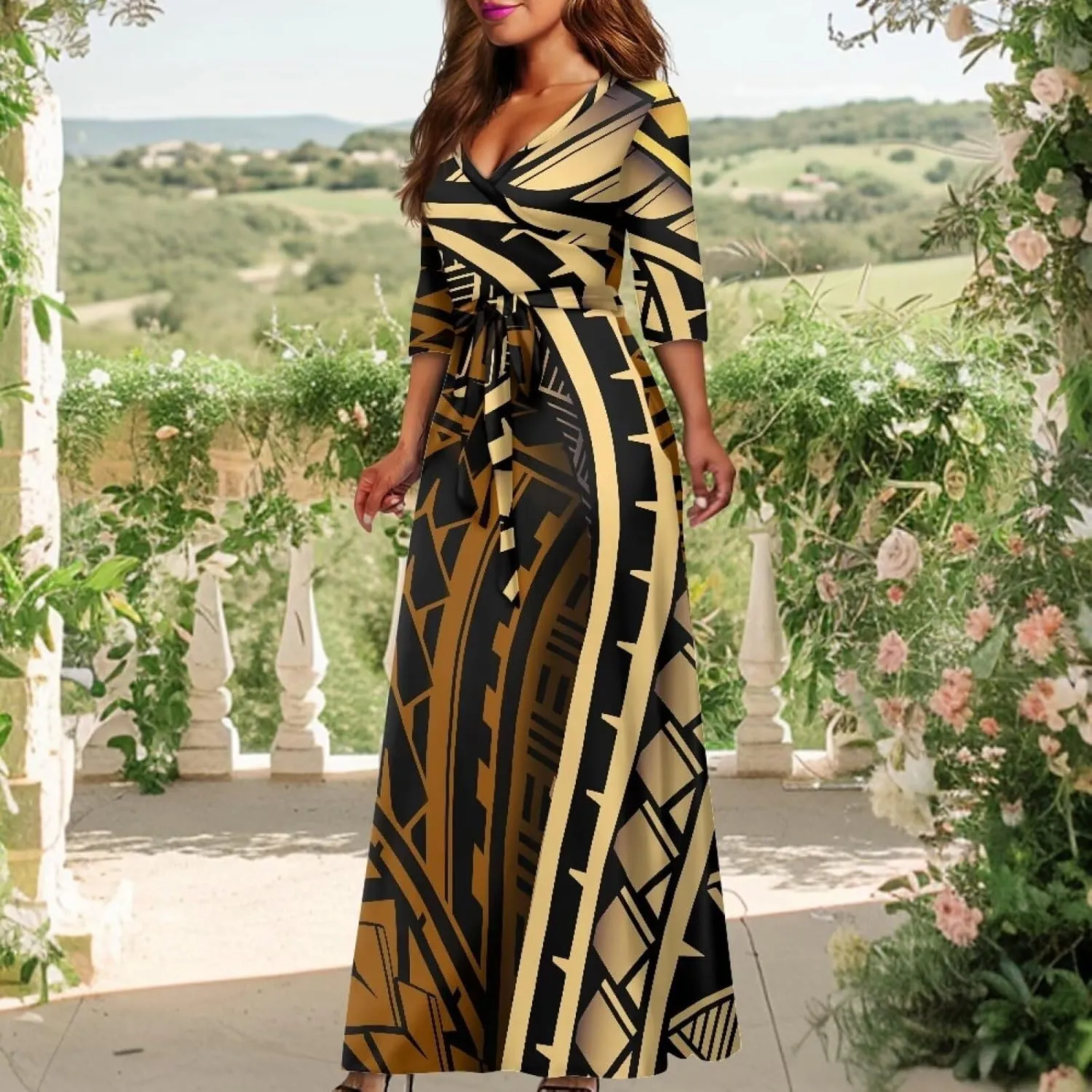 Polynesia Puletasi Samoa Puletasi Casual Maxi Dress Tonga Samoa Tribal Tatau Long Sleeve Elegant Belts Dresses