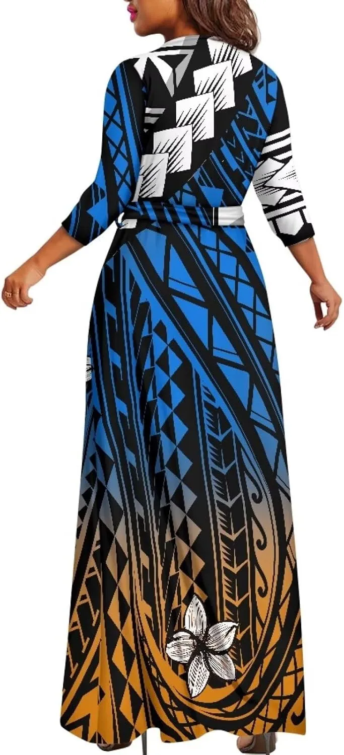 Polynesia Puletasi Samoa Puletasi Casual Maxi Dress Tonga Samoa Tribal Tatau Long Sleeve Elegant Belts Dresses