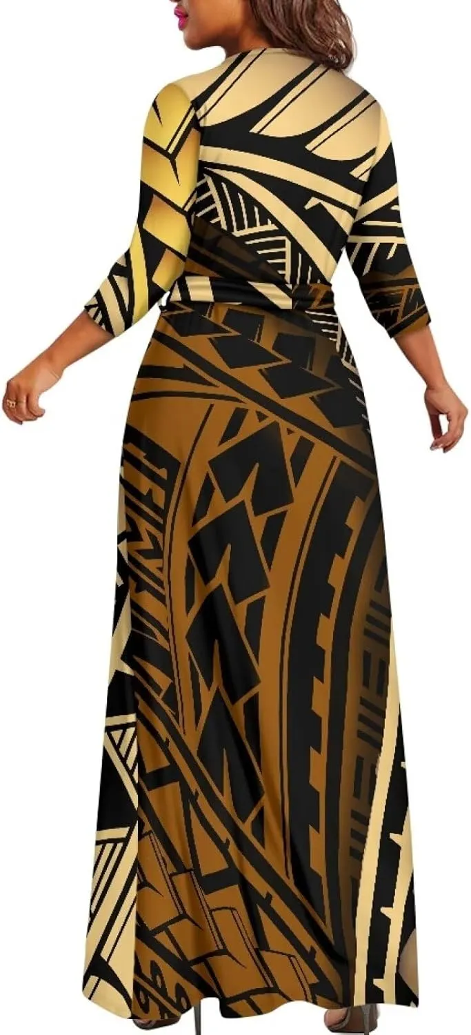 Polynesia Puletasi Samoa Puletasi Casual Maxi Dress Tonga Samoa Tribal Tatau Long Sleeve Elegant Belts Dresses