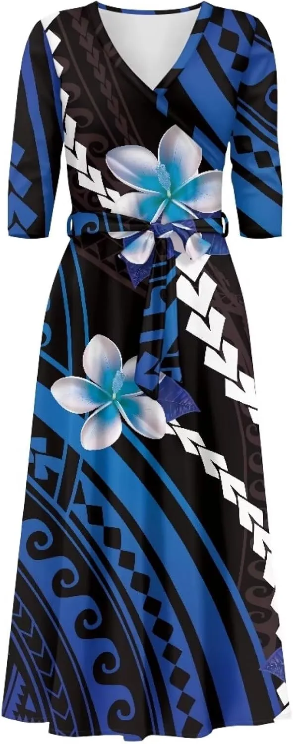 Polynesia Puletasi Samoa Puletasi Casual Maxi Dress Tonga Samoa Tribal Tatau Long Sleeve Elegant Belts Dresses