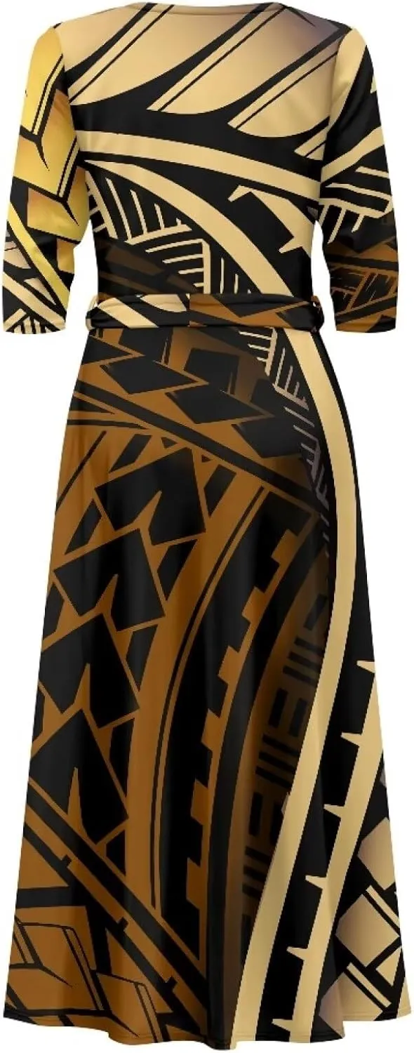 Polynesia Puletasi Samoa Puletasi Casual Maxi Dress Tonga Samoa Tribal Tatau Long Sleeve Elegant Belts Dresses