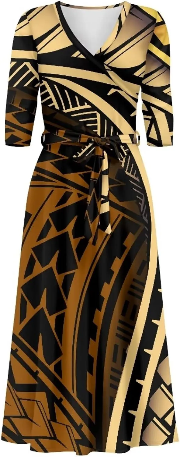 Polynesia Puletasi Samoa Puletasi Casual Maxi Dress Tonga Samoa Tribal Tatau Long Sleeve Elegant Belts Dresses