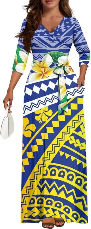 Polynesia Puletasi Samoa Puletasi Casual Maxi Dress Tonga Samoa Tribal Tatau Long Sleeve Elegant Belts Dresses