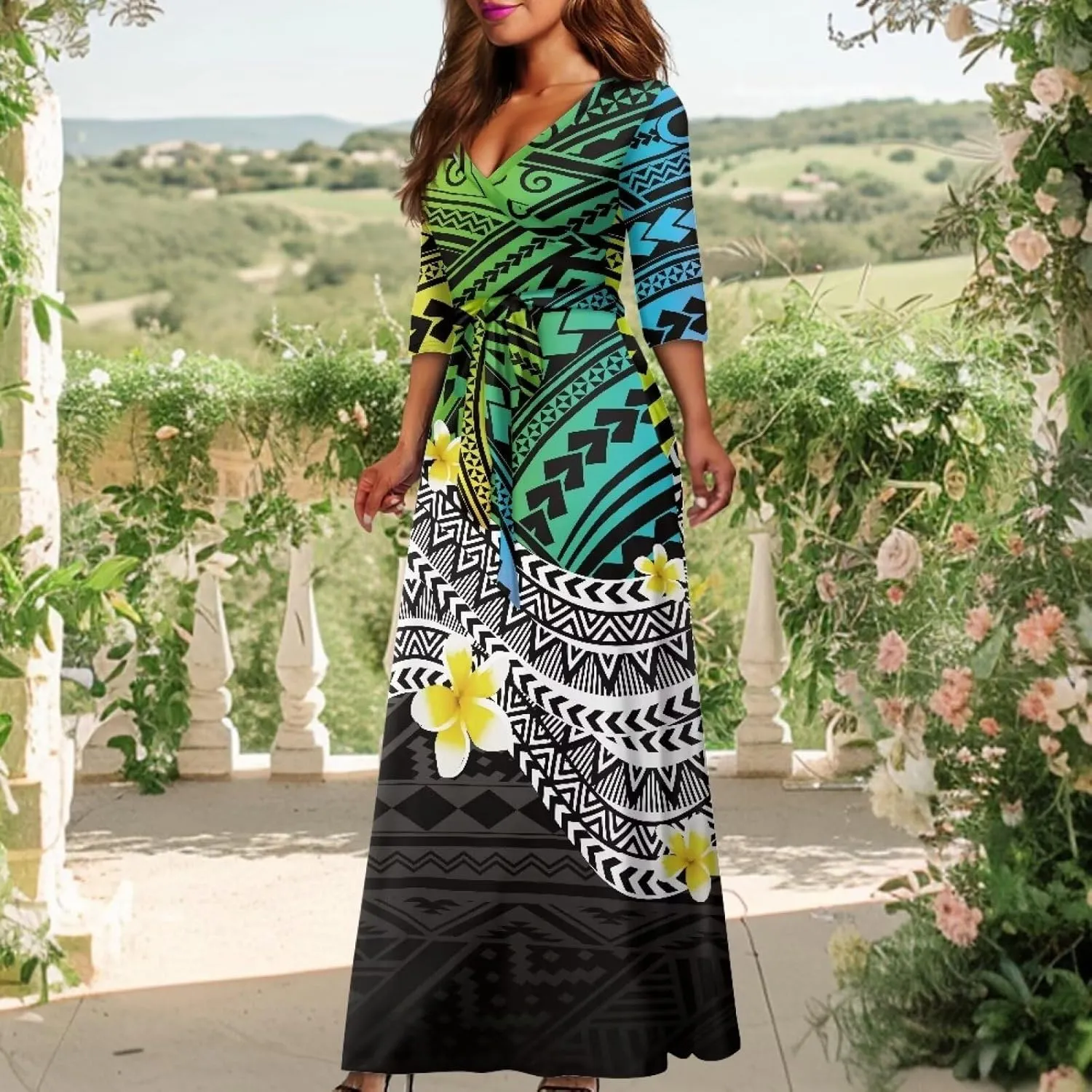 Polynesia Puletasi Samoa Puletasi Casual Maxi Dress Tonga Samoa Tribal Tatau Long Sleeve Elegant Belts Dresses
