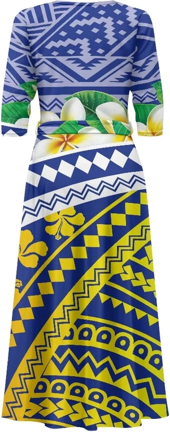 Polynesia Puletasi Samoa Puletasi Casual Maxi Dress Tonga Samoa Tribal Tatau Long Sleeve Elegant Belts Dresses