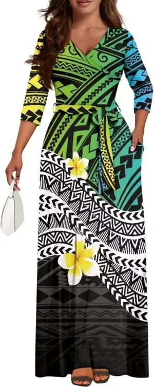 Polynesia Puletasi Samoa Puletasi Casual Maxi Dress Tonga Samoa Tribal Tatau Long Sleeve Elegant Belts Dresses