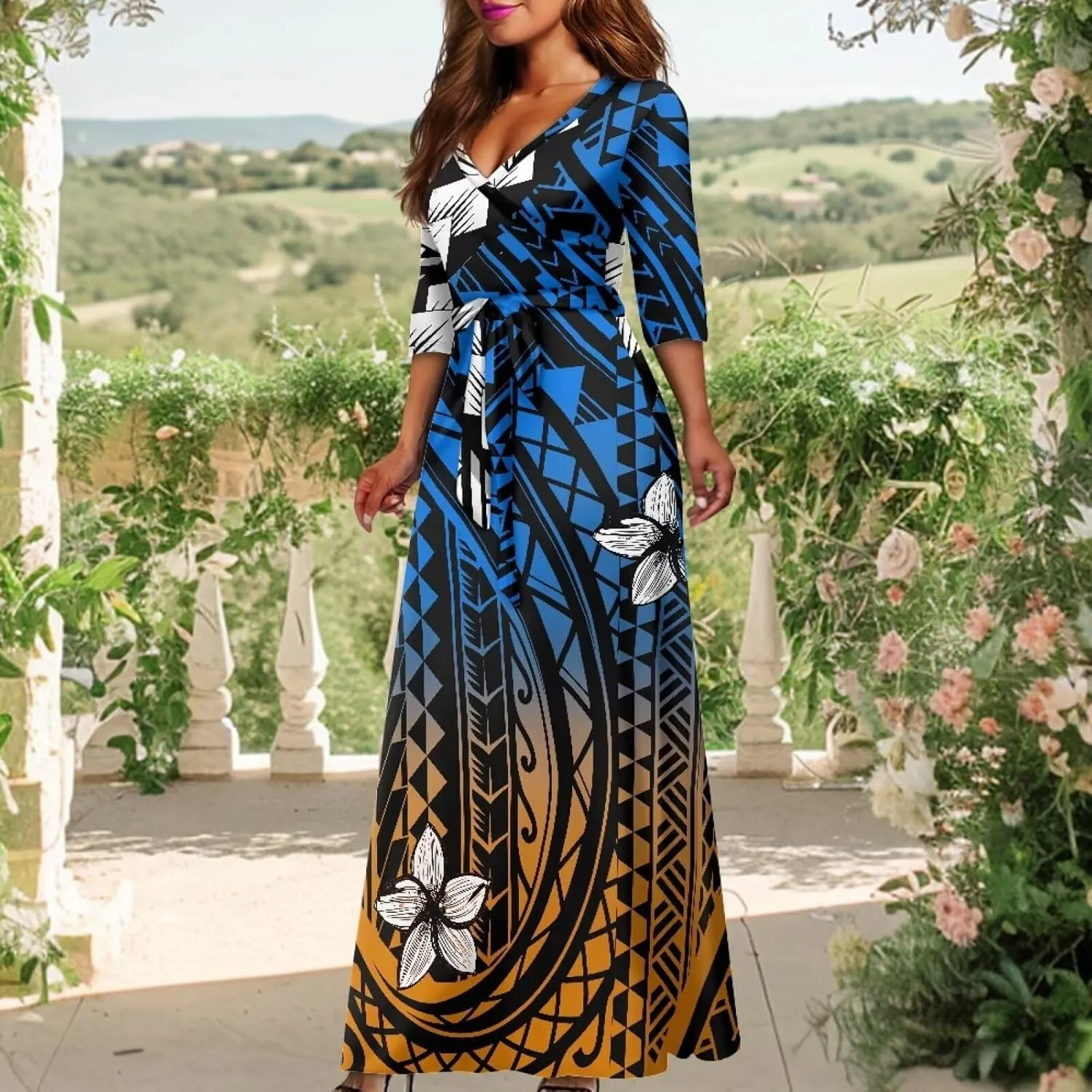 Polynesia Puletasi Samoa Puletasi Casual Maxi Dress Tonga Samoa Tribal Tatau Long Sleeve Elegant Belts Dresses