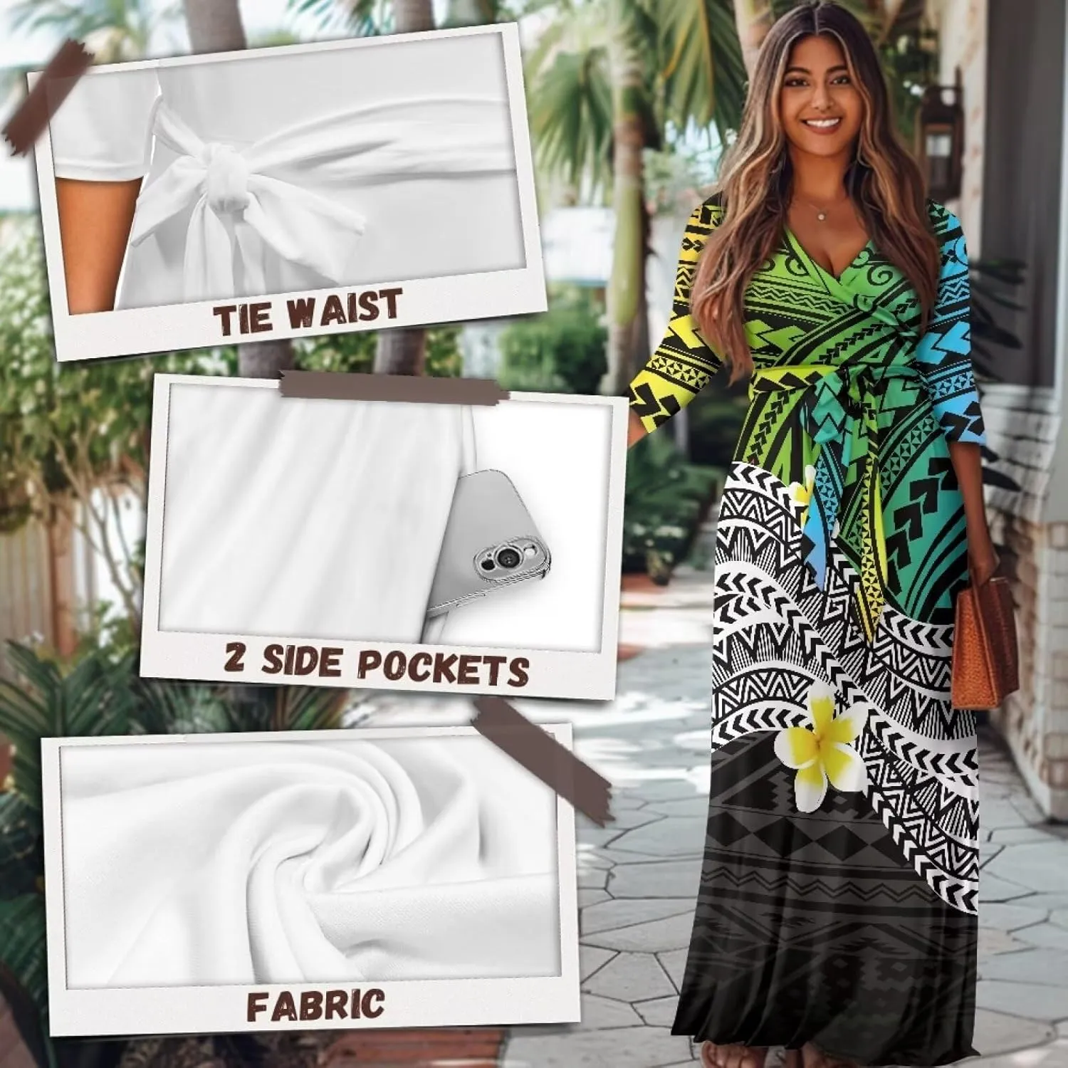 Polynesia Puletasi Samoa Puletasi Casual Maxi Dress Tonga Samoa Tribal Tatau Long Sleeve Elegant Belts Dresses
