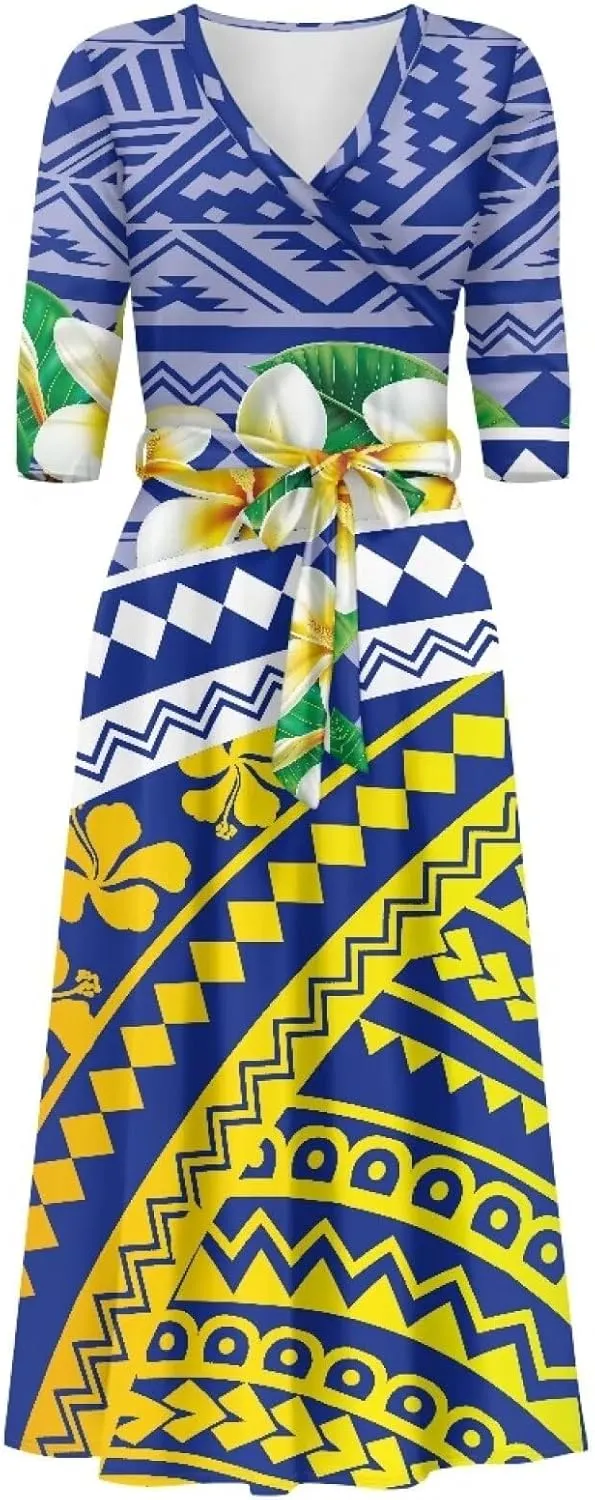 Polynesia Puletasi Samoa Puletasi Casual Maxi Dress Tonga Samoa Tribal Tatau Long Sleeve Elegant Belts Dresses