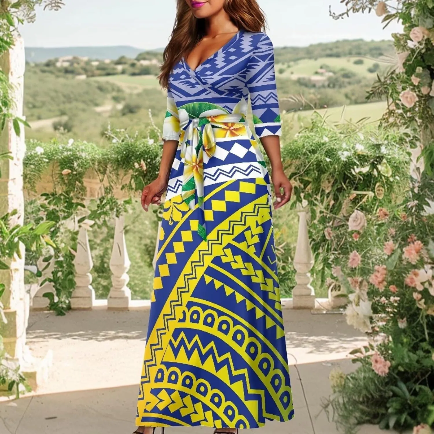 Polynesia Puletasi Samoa Puletasi Casual Maxi Dress Tonga Samoa Tribal Tatau Long Sleeve Elegant Belts Dresses