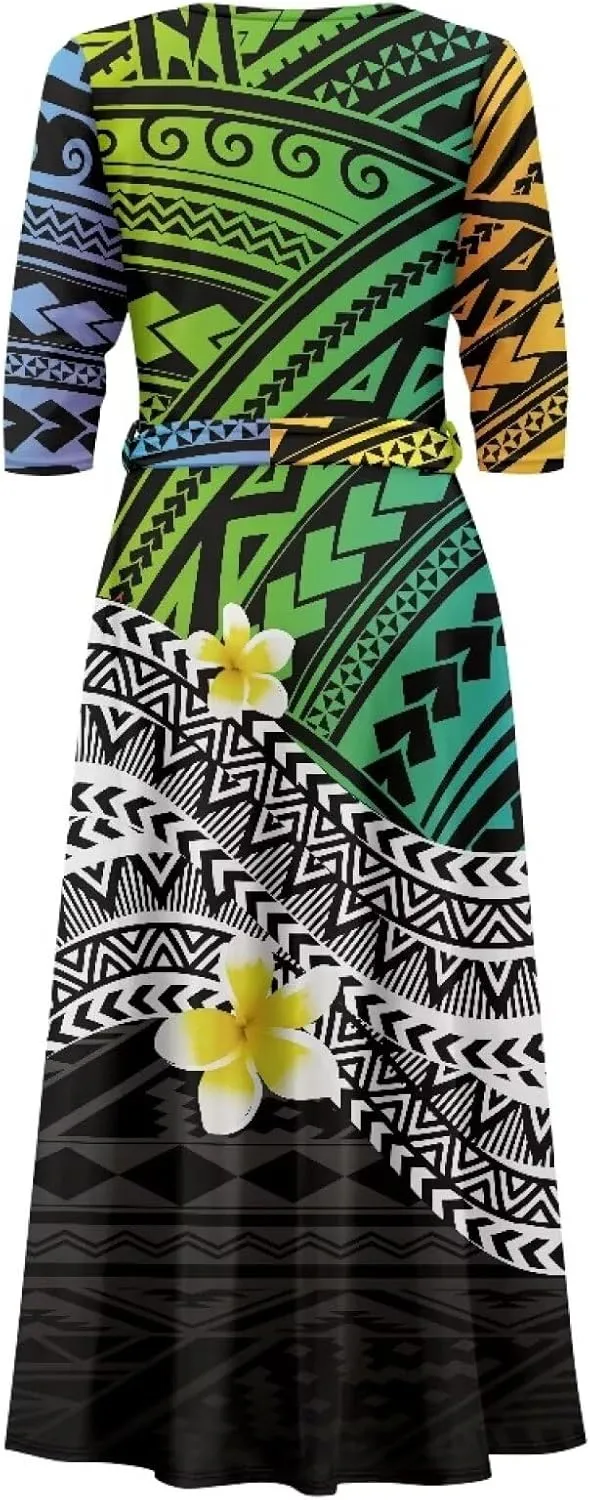 Polynesia Puletasi Samoa Puletasi Casual Maxi Dress Tonga Samoa Tribal Tatau Long Sleeve Elegant Belts Dresses